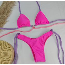 Conjunto Manu Rosa Neon Trilobal Com Mix Tiras - CARIOKAS MODA PRAIA