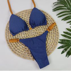 Conjunto Summer Azul Marinho Canelado Com Tiras Damasco - CARIOKAS MODA PRAIA
