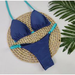 Conjunto Summer Azul Marinho Canelado Com Tiras Azul Piscina - CARIOKAS MODA PRAIA