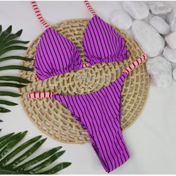 Conjunto Summer Listrado Roxo com tiras pêssego - CARIOKAS MODA PRAIA