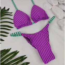 Conjunto Summer Listrado Roxo com tiras verdes - CARIOKAS MODA PRAIA
