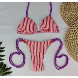 Lacinho Summer Listrado Pêssego com Tira roxa - CARIOKAS MODA PRAIA