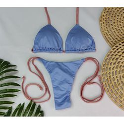 Lacinho Summer Azul Com tiras rose trilobal - CARIOKAS MODA PRAIA