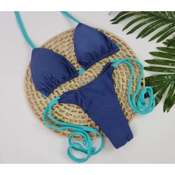 Lacinho Summer Azul Marinho Canelado Com Tiras Azul Piscina - CARIOKAS MODA PRAIA