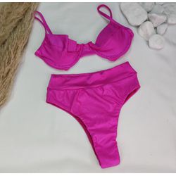 Conjunto Meia Taça + Hot Pants Rosa Barbie Canelado - CARIOKAS MODA PRAIA