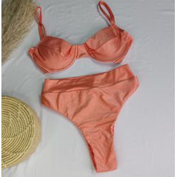 Conjunto Meia Taça + Hot Pants Pêssego Canelado - CARIOKAS MODA PRAIA