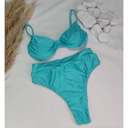 Conjunto Meia Taça + Hot Pants Azul Piscina Canelado - CARIOKAS MODA PRAIA