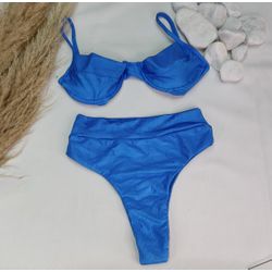 Conjunto Meia Taça + Hot Pants Azul Canelado - CARIOKAS MODA PRAIA