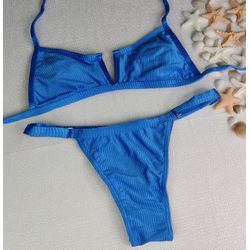 Conjunto Aro V + Ivy Azul Canelado - CARIOKAS MODA PRAIA