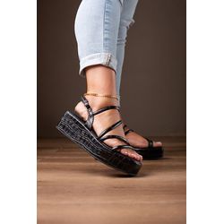 SANDÁLIA ANABELA TIRAS CROCO 5CM_178-PRETO - 178-P... - LAIS CALÇADOS