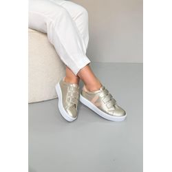 Tênis Detalhe V Mega Confortável_3464- Ouro/Nude -... - Karina Bertozi Calçados Femininos