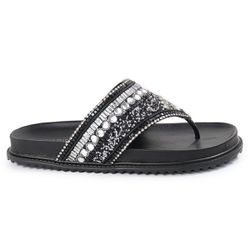 Rasteirinha Feminina com Pedraria e Brilho Preto -... - CHARELLI