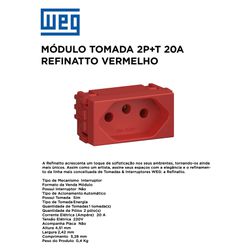 MODULO TOMADA 2P+T 20A VERMELHO REFINATTO - 11106 - Comercial Leal
