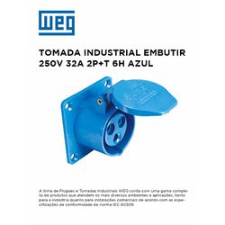 TOMADA EMBUTIR INDUSTRIAL 250V 32A 2P+T 6H AZUL WE... - Comercial Leal