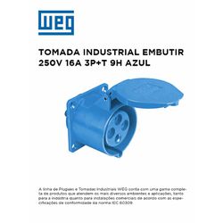TOMADA EMBUTIR INDUSTRIAL 250V 16A 3P+T 9H AZUL WE... - Comercial Leal