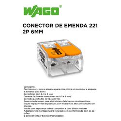 CONECTOR DE EMENDA 221 2P 6MM WAGO - 10009 - Comercial Leal