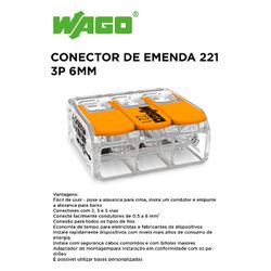 CONECTOR DE EMENDA 221 3P P/ CABO ATÉ 6MM 41A WAGO... - Comercial Leal