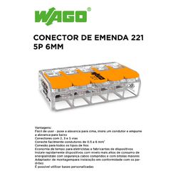 CONECTOR DE EMENDA 221 5P P/ CABO ATÉ 6MM 41A WAGO... - Comercial Leal
