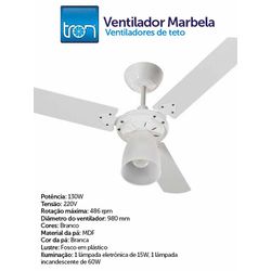 VENTILADOR TETO MARBELLA 220V BRANCO/BRANCO - 0017 - Comercial Leal