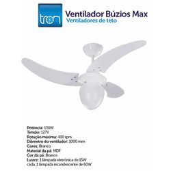VENTILADOR TETO BUZIOS MAX 127V BRANCO - 00687 - Comercial Leal