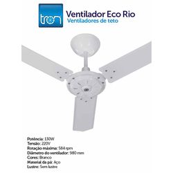 VENTILADOR TETO ECO RIO 220V AÇO BRANCO - 00692 - Comercial Leal