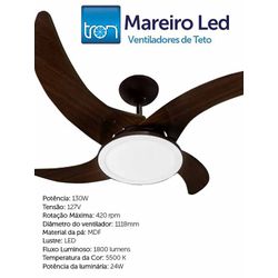 VENTILADOR TETO MAREIRO LED 6000K 127V - 08752 - Comercial Leal