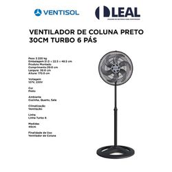 VENTILADOR COLUNA PRETO TURBO 6P 30CM 127V - 11091 - Comercial Leal
