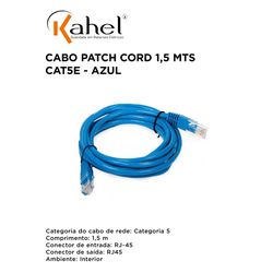 PATCH CORD CAT 5E 1,5M AZUL - KAHEL - 11000 - Comercial Leal