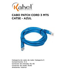 PATCH CORD CAT5E 3 METROS AZUL - KAHEL - 11002 - Comercial Leal