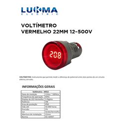 VOLTIMETRO DIGÍTAL 22MM VERMELHO 12V-500V LUKMA -... - Comercial Leal