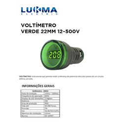 VOLTIMETRO DIGÍTAL 22MM VERDE 12V-500V LUKMA - 08... - Comercial Leal