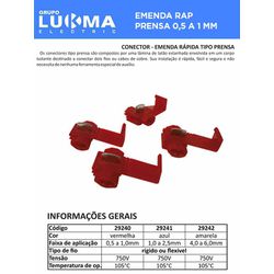 EMENDA RÁPIDA PRENSA VERMELHA 0,5 A 1MM LUKMA - 08... - Comercial Leal