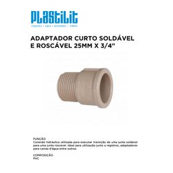 Adaptador Soldável Curto 25 Mm X 3/4 Plastilit - 1... - Comercial Leal