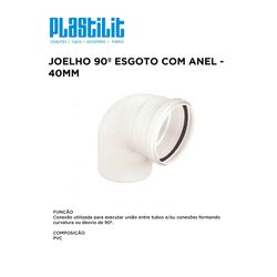 JOELHO 90º ESG C/ ANEL 40 PLASTILIT - 10298 - Comercial Leal