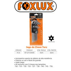 JOGO CHAVE TORX (10/15/20/25/27/30/40/45/50) - 9 P... - Comercial Leal