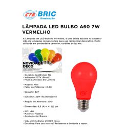 LAMPADA LED BULBO A60 7W BIVOLT VERMELHA CTB - 105... - Comercial Leal