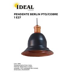 PENDENTE BERLIN PRETO/COBRE 1 E27 IDEAL - 11878 - Comercial Leal