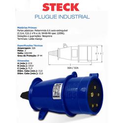 PLUGUE INDUSTRIAL 250V 32A 2P+T 6H AZ - 02500 - Comercial Leal