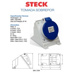 TOMADA SOBREPOR INDUSTRIAL 250V 32A 3P+T 9H - 0251 - Comercial Leal