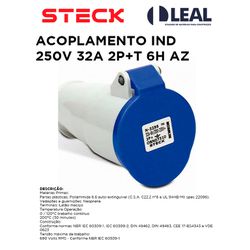 ACOPLAMENTO IND 250V 32A 2P+T 6H AZ STECK - 02830 - Comercial Leal