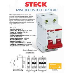 DISJUNTOR DIN BIPOLAR 70A 4,5KA STECK - 04453 - Comercial Leal