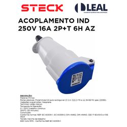 ACOPLAMENTO IND 250V 16A 3P+T 9H AZ STECK - 12380 - Comercial Leal