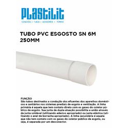 TUBO PVC ESGOTO 250MM 6M PLASTILIT - 10658 - Comercial Leal