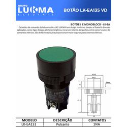 BOTÃO MONOBLOCO PULSANTE LK-EA131 VD 1NA - 08407 - Comercial Leal