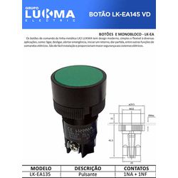 BOTÃO MONOBLOCO PULSANTE LK-EA135 VD 1NA+1NF - 08... - Comercial Leal