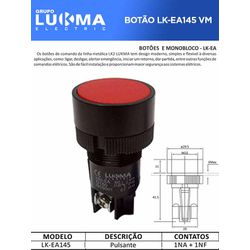 BOTÃO MONOBLOCO PULSANTE LK-EA145 VM 1NA+1NF - 08... - Comercial Leal
