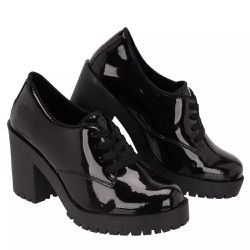 Bota Feminina Com Salto Verniz Preto Confort com Z... - COMPRESHOES