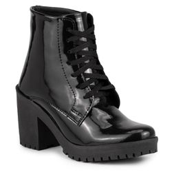 Bota Coturno Feminino Confortável com Salto Verniz... - COMPRESHOES