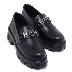 Mocassim Feminino Preto Couro Confort Sola Tratora... - COMPRESHOES