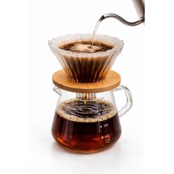 Pour Over 600ml em vidraria com suporte de madeira - GUSTAVO LEONEL CAFÉS ESPECIAIS 